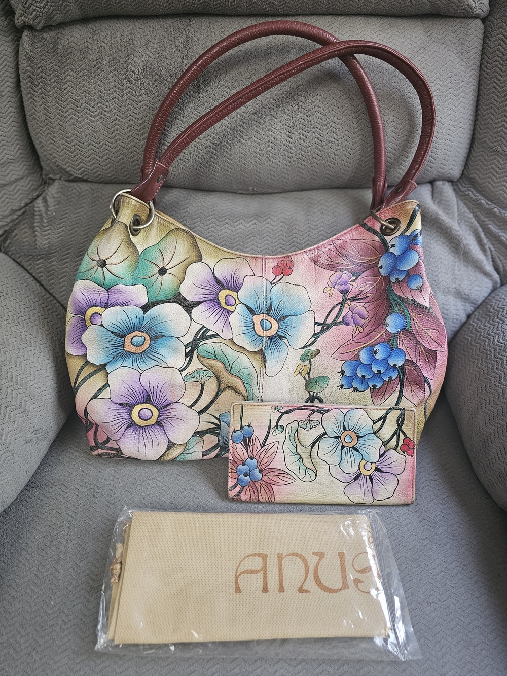 Anuschka Hand-Painted Floral Shoulder Bag in Multicolor with Burgundy Handles
